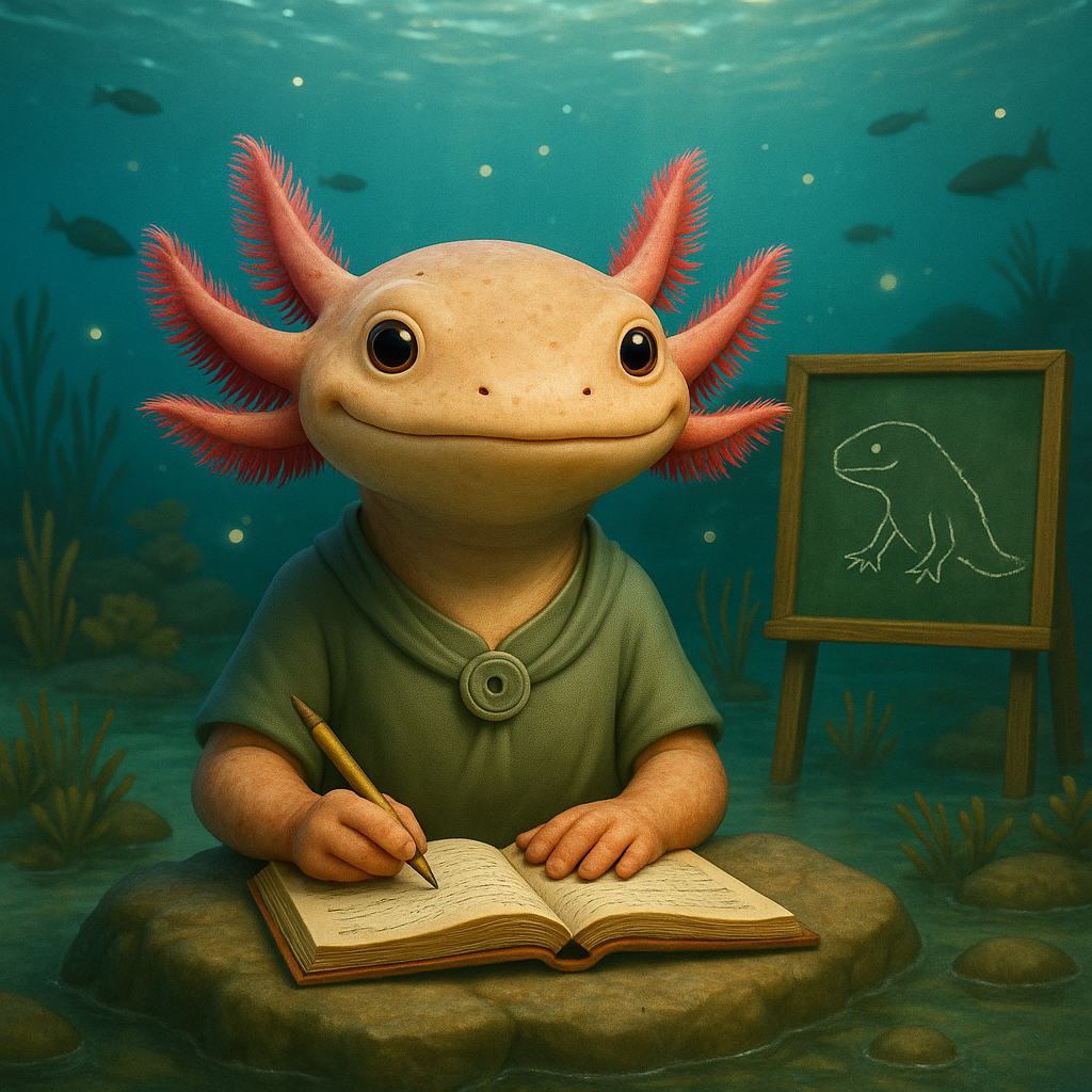 Un axolotl está sentado en un escritorio en un aula.