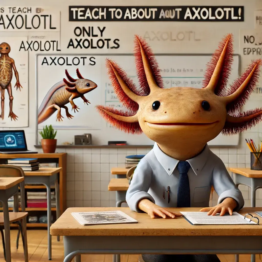 Un axolotl está sentado en un escritorio en un aula.
