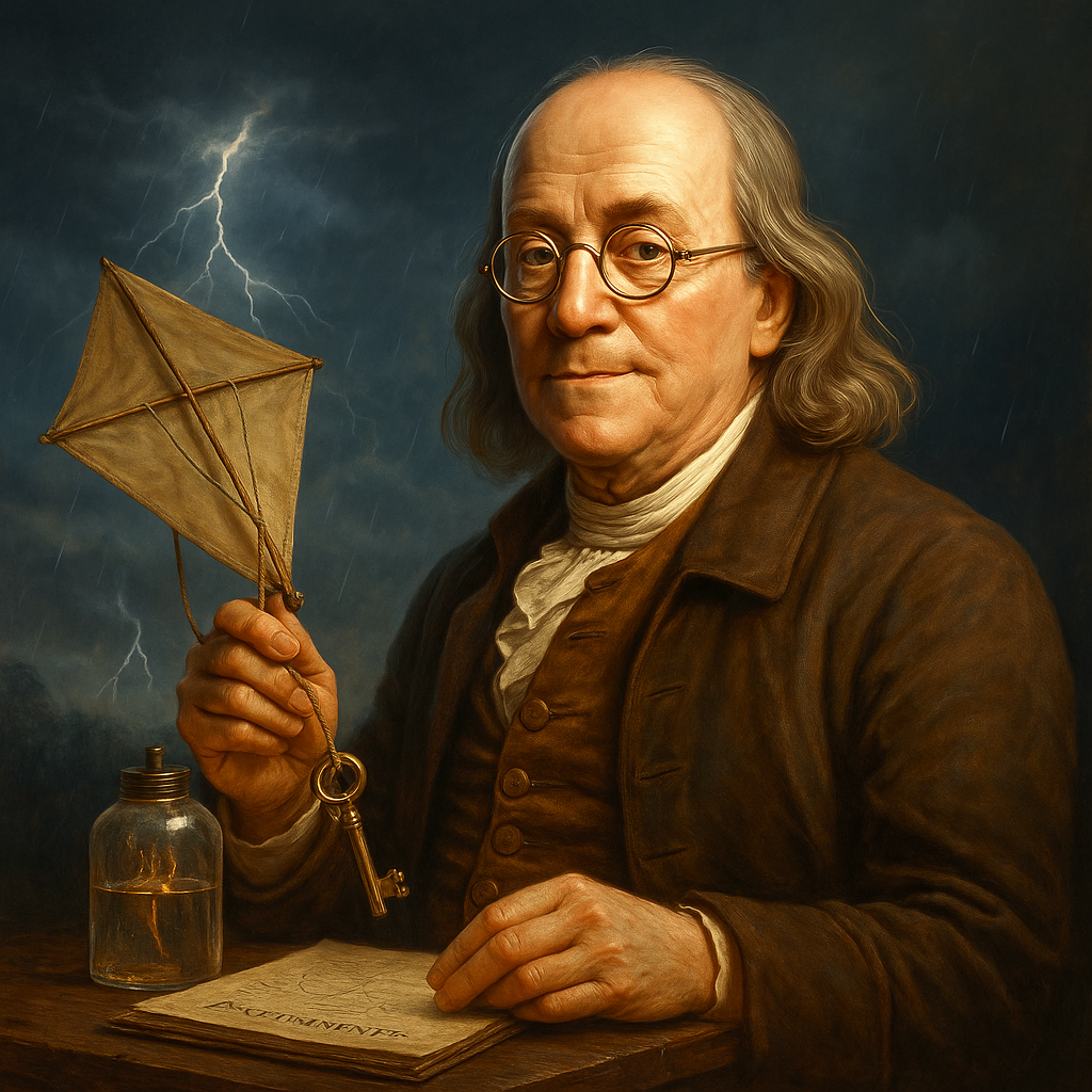 Una pintura de Benjamin Franklin sosteniendo una cometa y una llave.