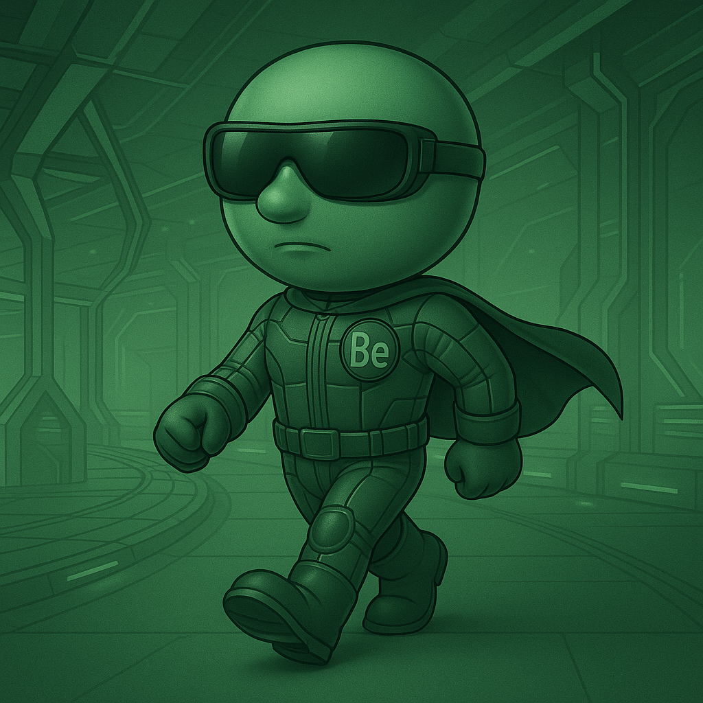 Un personaje de dibujos animados que lleva gafas de sol y una capa camina en una habitación.