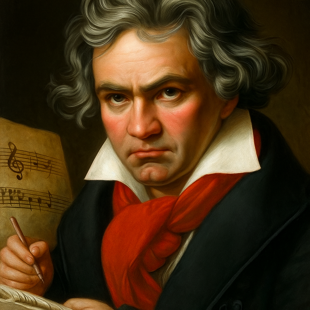 Una caricatura de Beethoven tocando el piano con partituras volando a su alrededor.