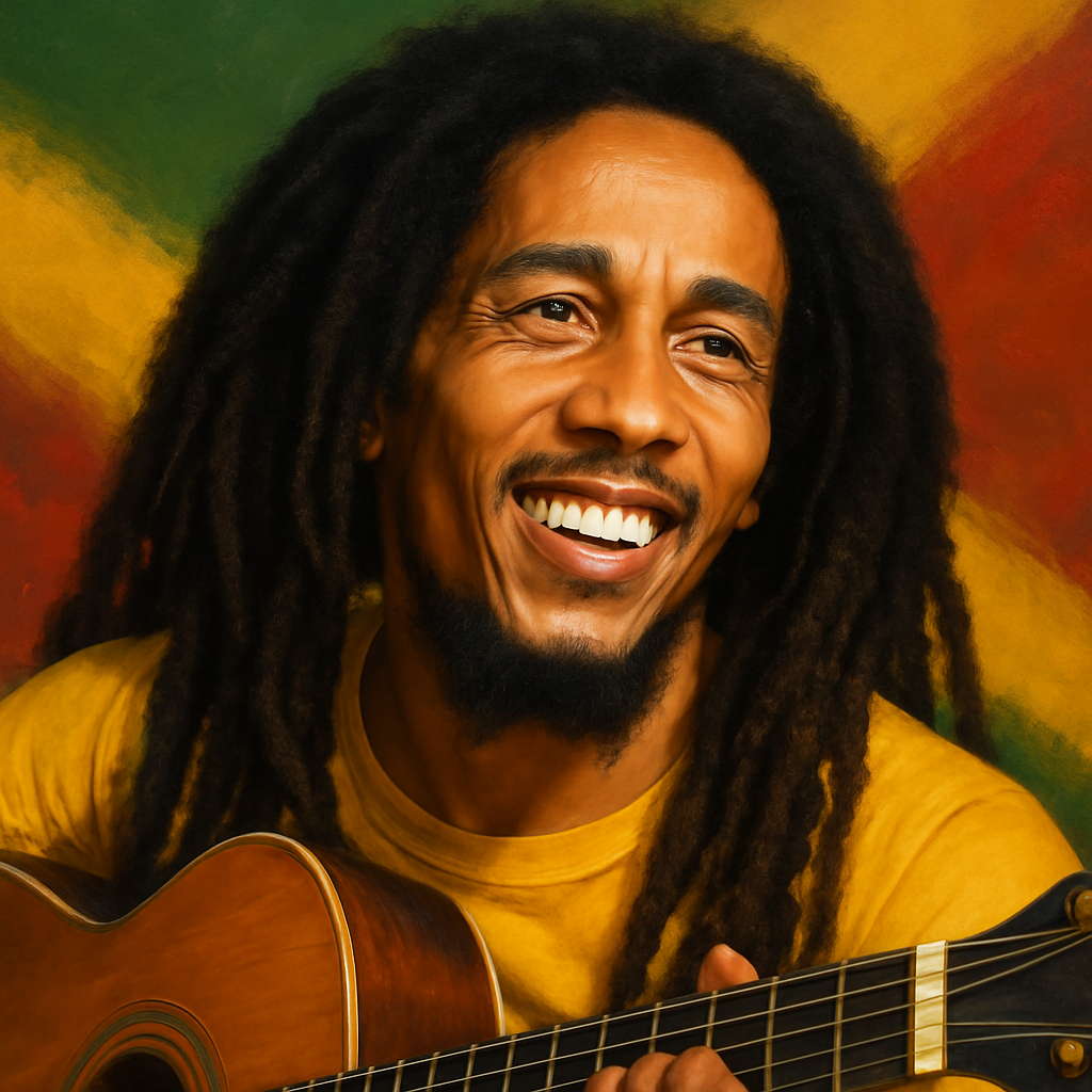 Un hombre con rastas sostiene una guitarra y sonríe.