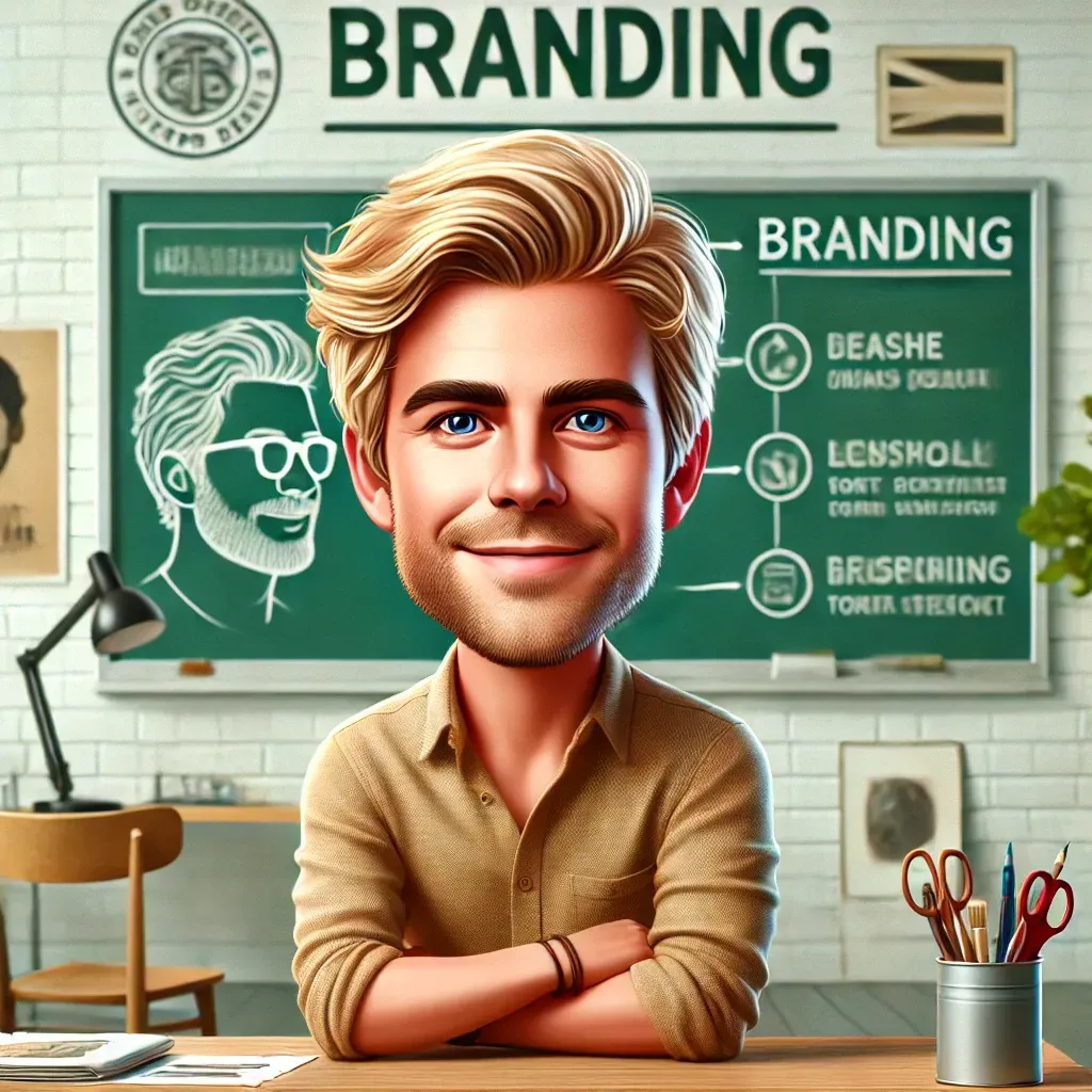 Hombre de caricatura frente a una pizarra con la inscripción 