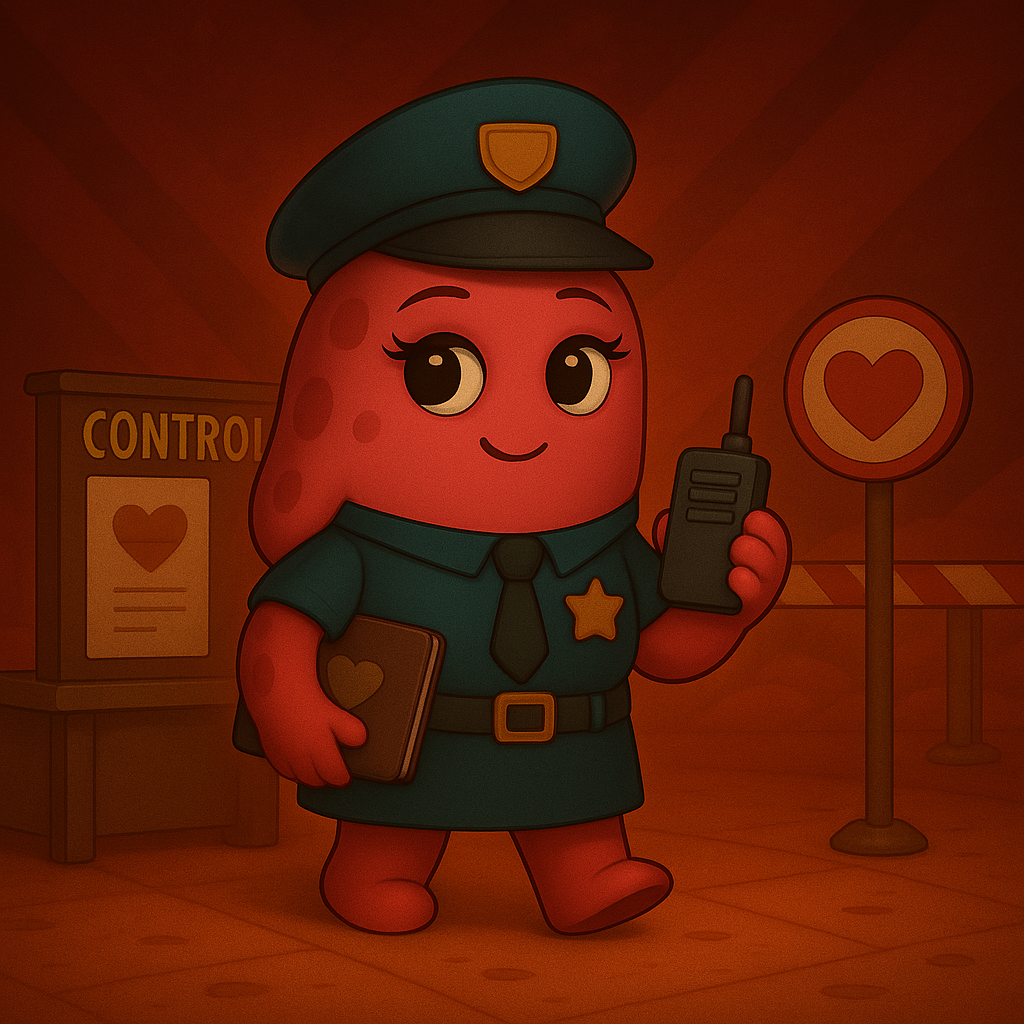 Un personaje de dibujos animados viste un uniforme de policía y sostiene un walkie talkie.
