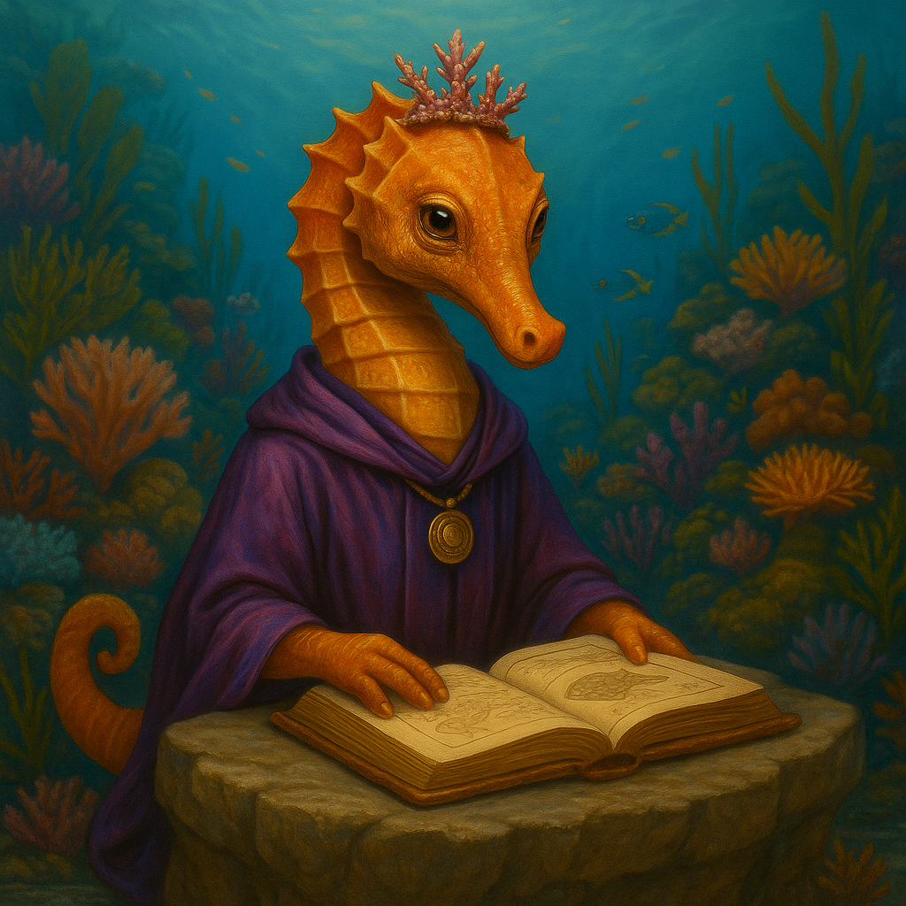 Una pintura de un caballito de mar leyendo un libro.