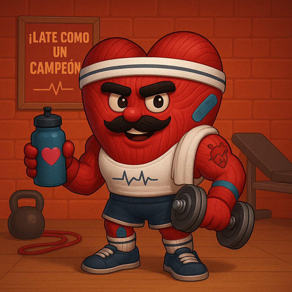 Una ilustración de pixel art de un corazón sosteniendo una botella de agua y una mancuerna.