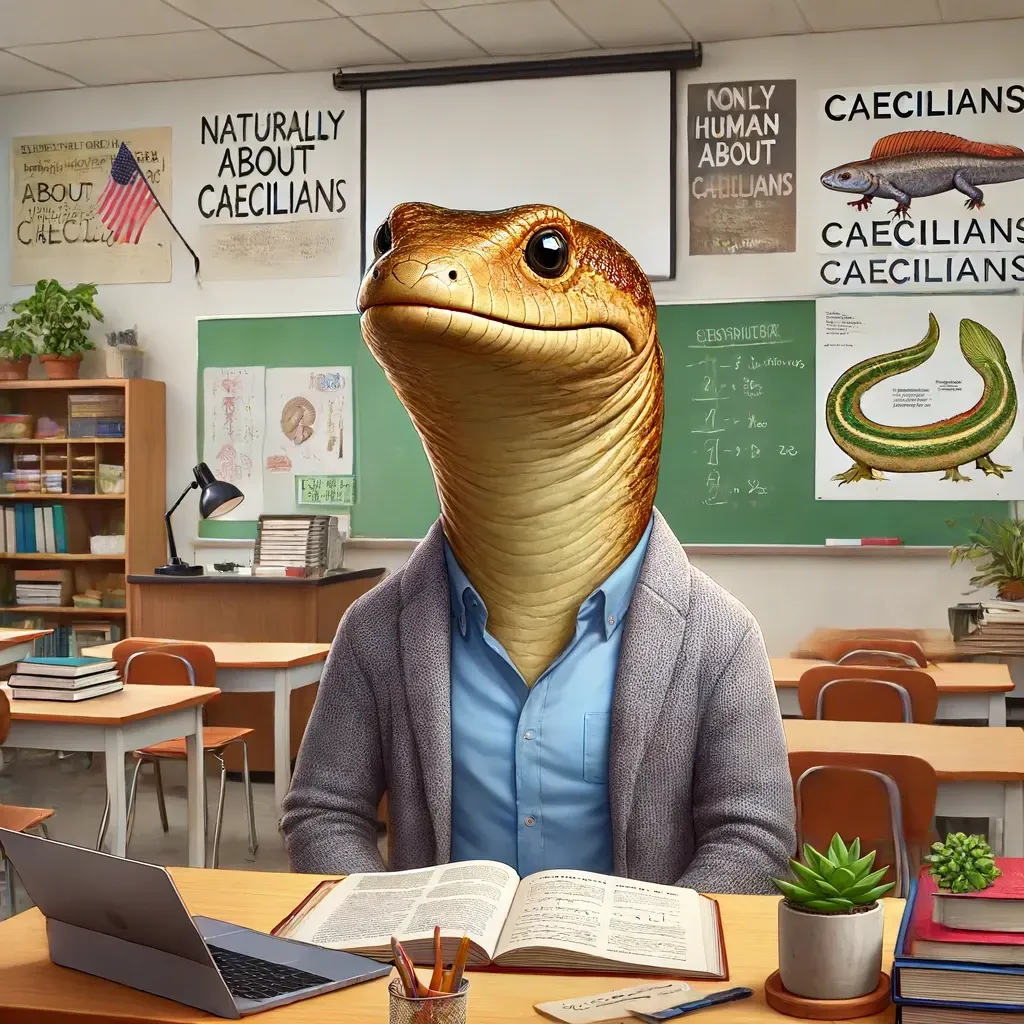 Un lagarto está sentado en un escritorio en un aula con una computadora portátil.