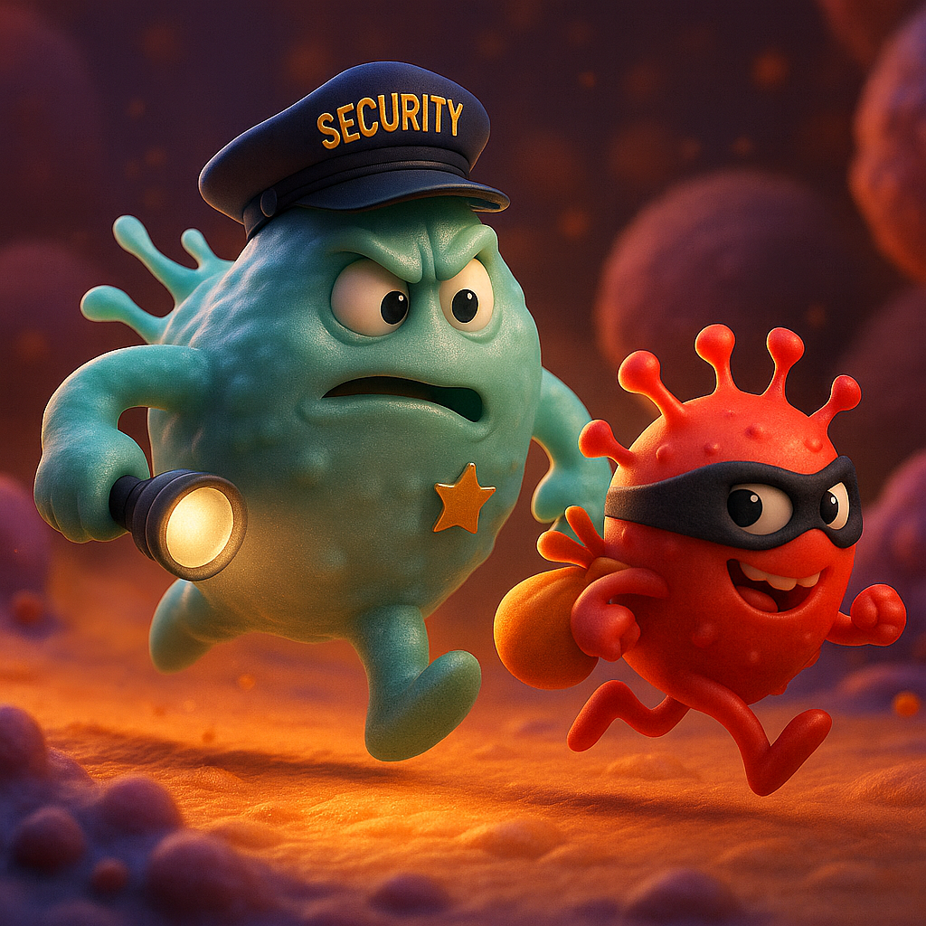 Una célula de seguridad de dibujos animados persigue a una célula de virus con una máscara roja que lleva una bolsa en un entorno celular.