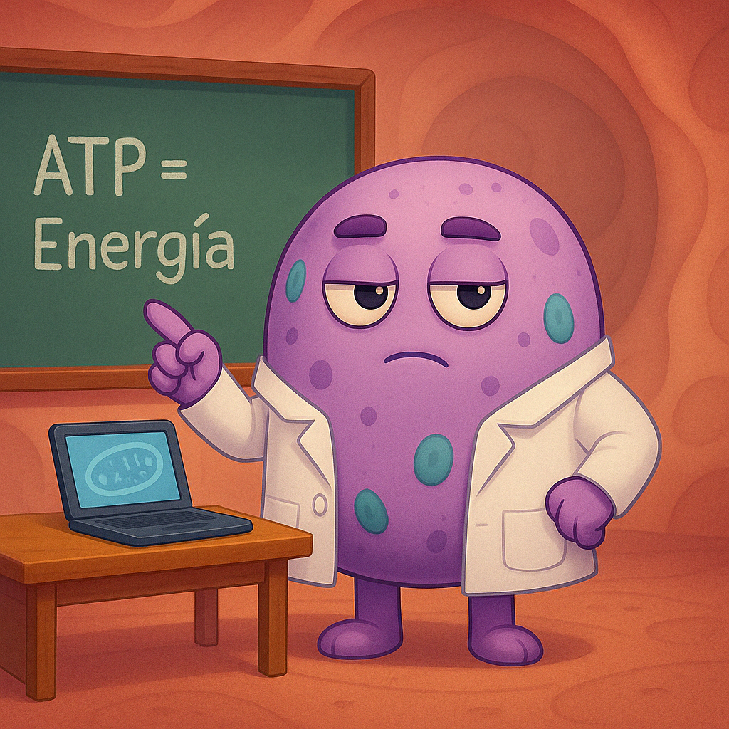 Un monstruo morado señala una pizarra que dice ATP = energía.