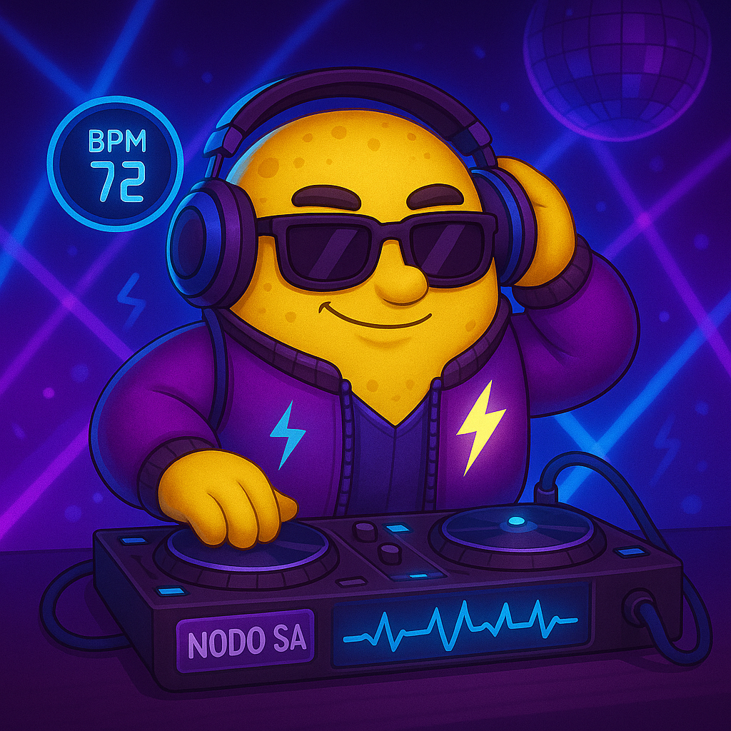Una ilustración de pixel art de un DJ de limón con auriculares y gafas de sol.