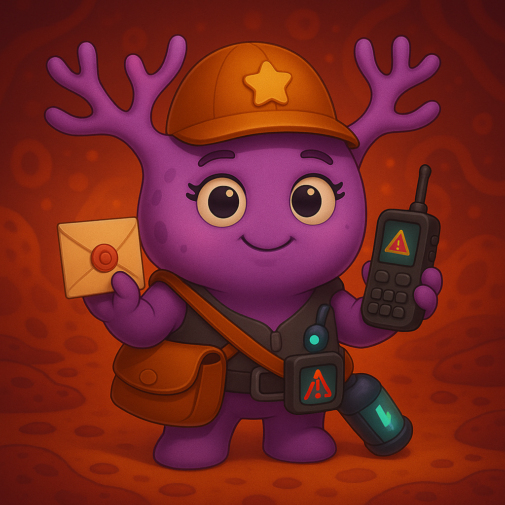 Un monstruo morado sostiene un sobre y un teléfono celular.