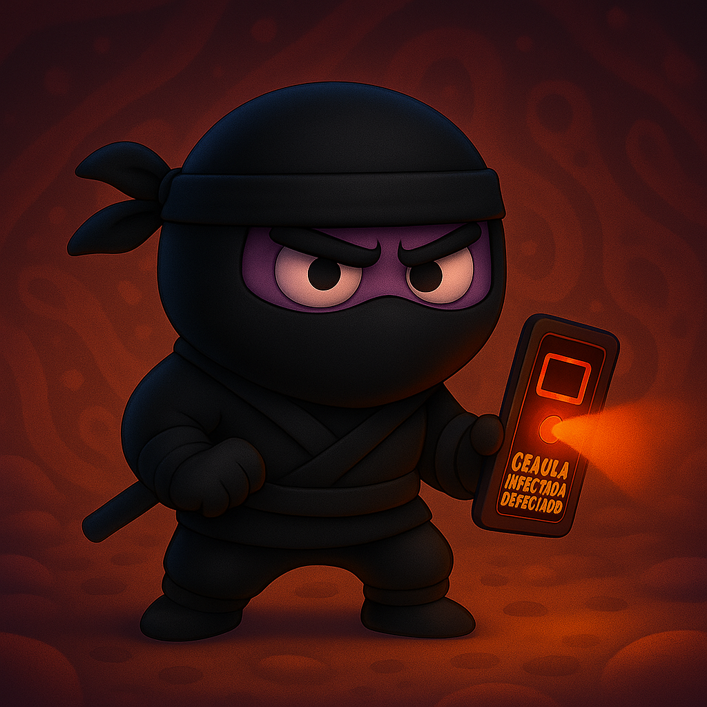Un ninja de dibujos animados sostiene un teléfono celular y una linterna.