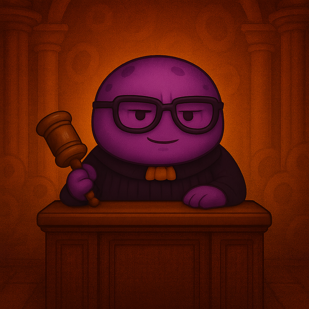 Un personaje de dibujos animados de color morado está sentado en un podio sosteniendo un mazo.