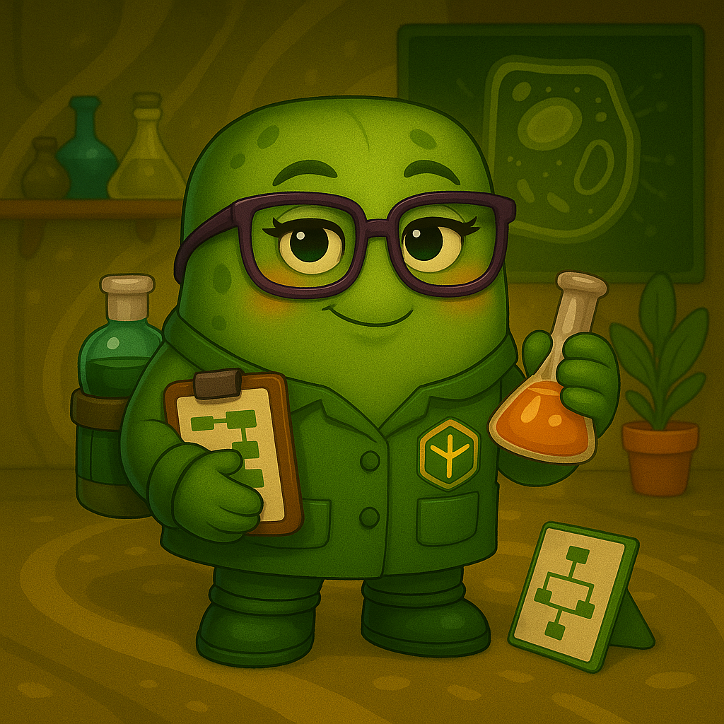 Un personaje de dibujos animados verde sostiene un vaso de precipitados y un portapapeles.
