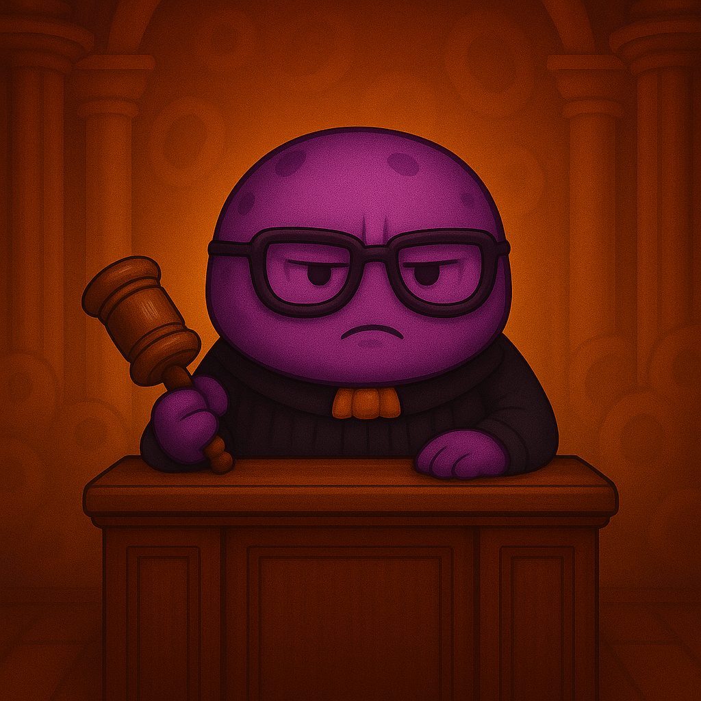 Un personaje de dibujos animados de color morado está sentado en un podio sosteniendo un mazo.