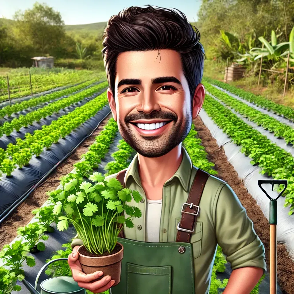Una caricatura de un hombre sosteniendo una planta en maceta en un jardín.