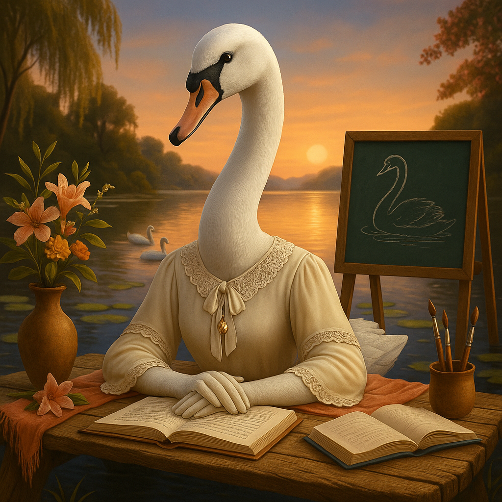 Un cisne está sentado en un escritorio en un aula.