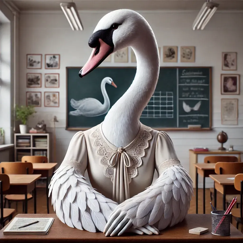 Un cisne está sentado en un escritorio en un aula.