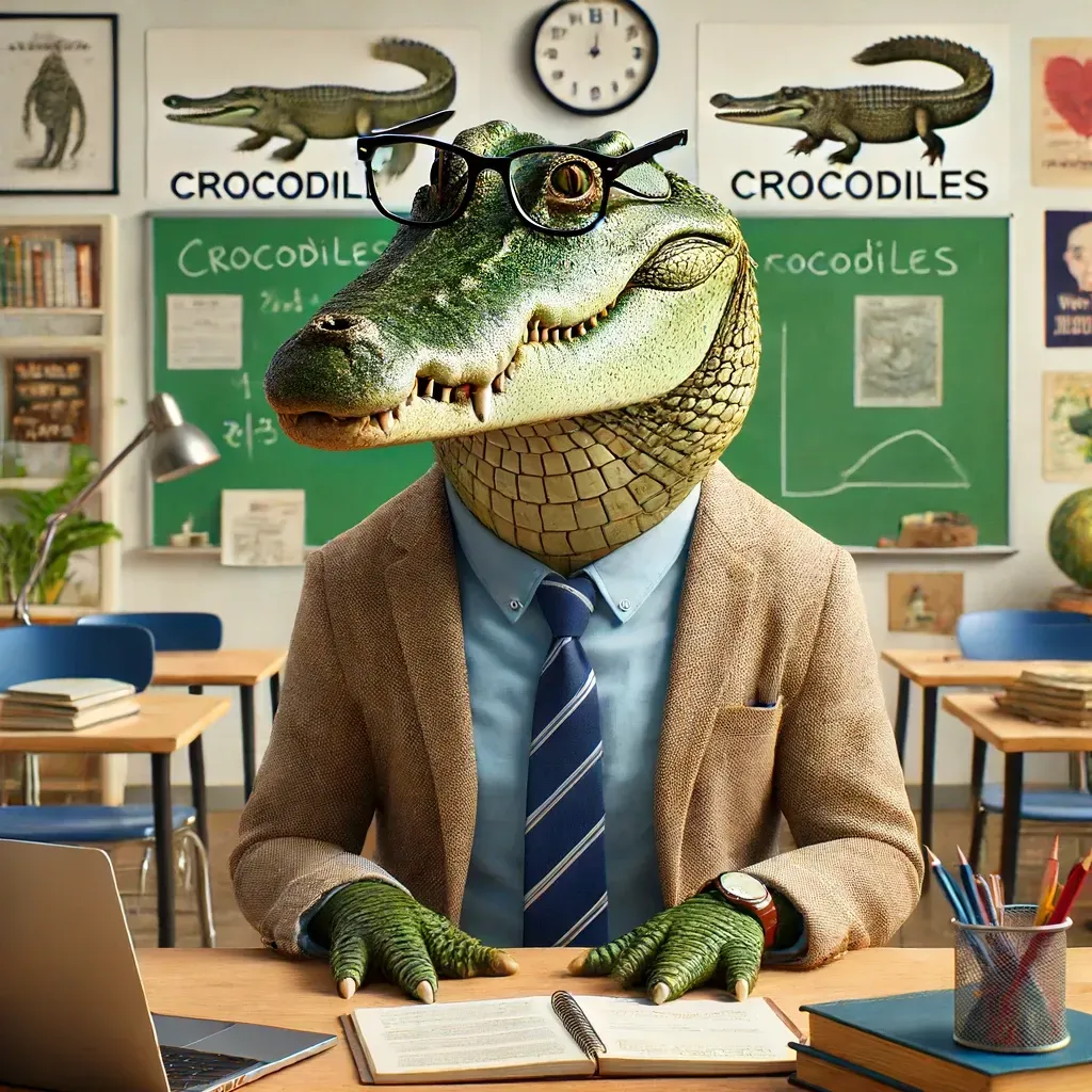 Un hombre con cabeza de cocodrilo está sentado en un escritorio en un salón de clases.