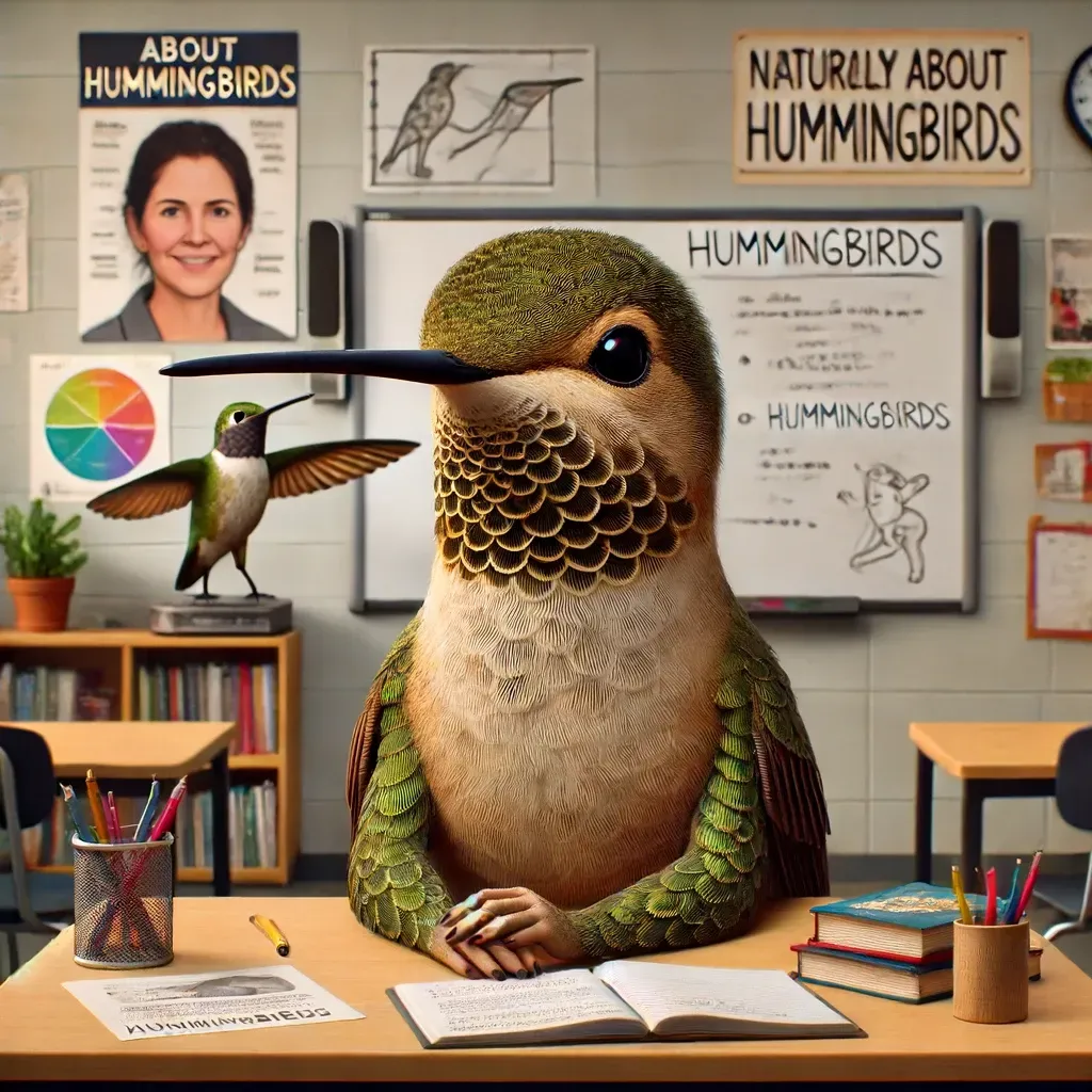 Un colibrí está sentado en un escritorio en un salón de clases