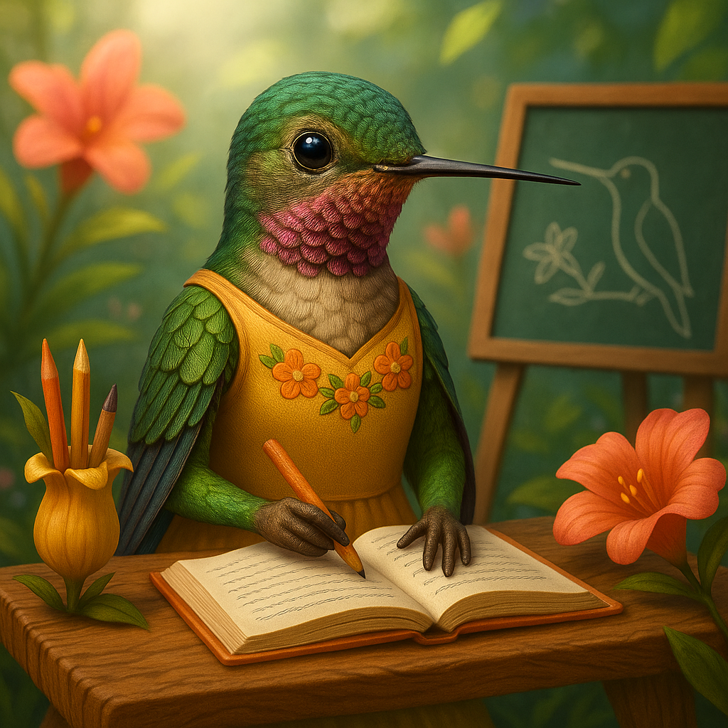 Un colibrí está sentado en un escritorio en un salón de clases