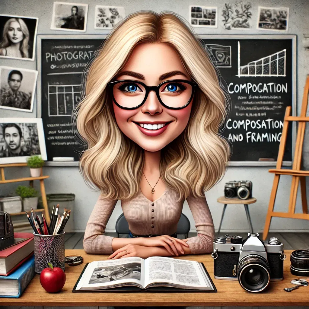 Una caricatura de una mujer sentada en un escritorio con un libro y cámaras.
