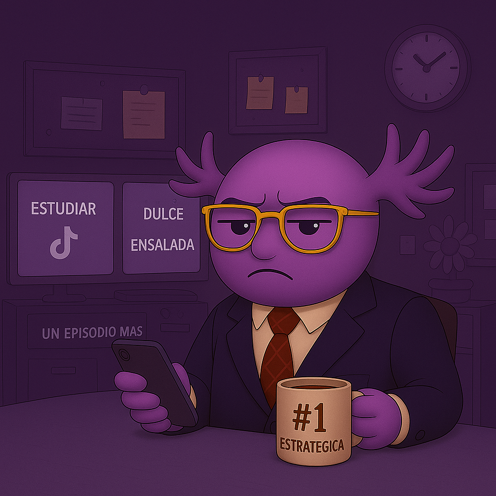 Un pixel art de un ajolote morado con traje y corbata sosteniendo una taza de café y un teléfono celular.