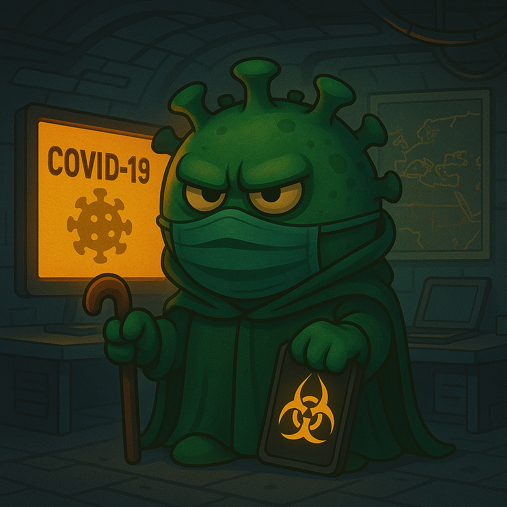 Una caricatura de un virus que usa una máscara y sostiene un bastón.