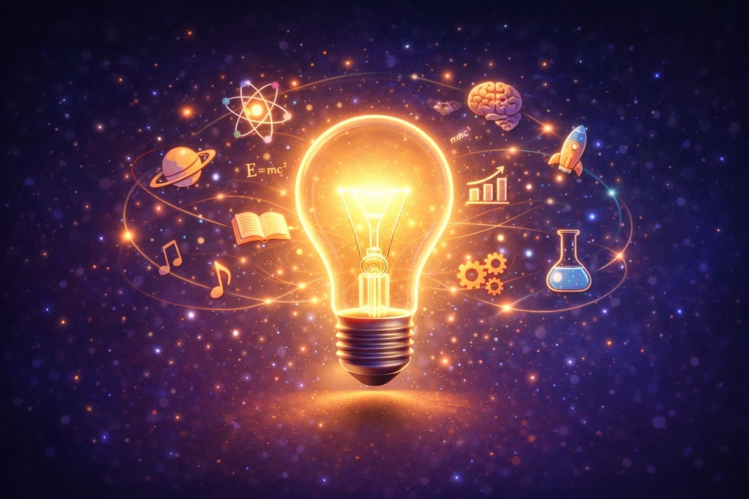 A glowing light bulb centered against a dark, starry background, surrounded by icons representing science and learning.