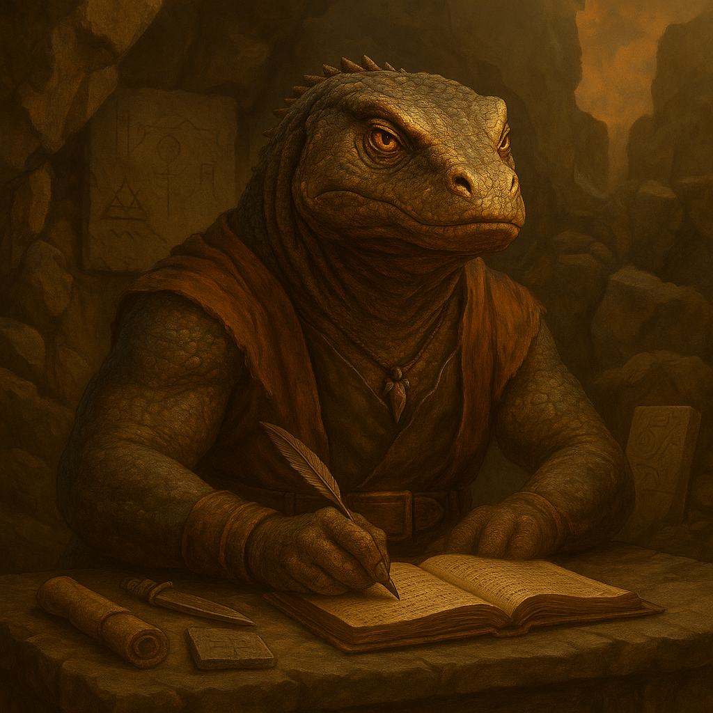 Un dragón de komodo con traje y corbata está sentado en un escritorio
