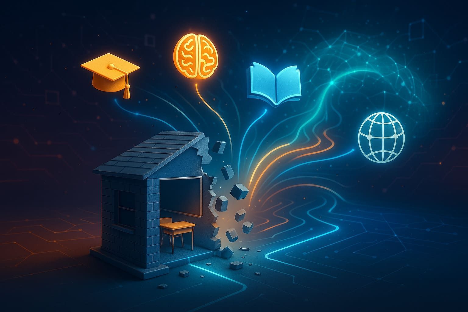 Una escuela se desmorona, liberando iconos luminosos de un birrete, un cerebro, un libro y un globo terráqueo en una red digital.