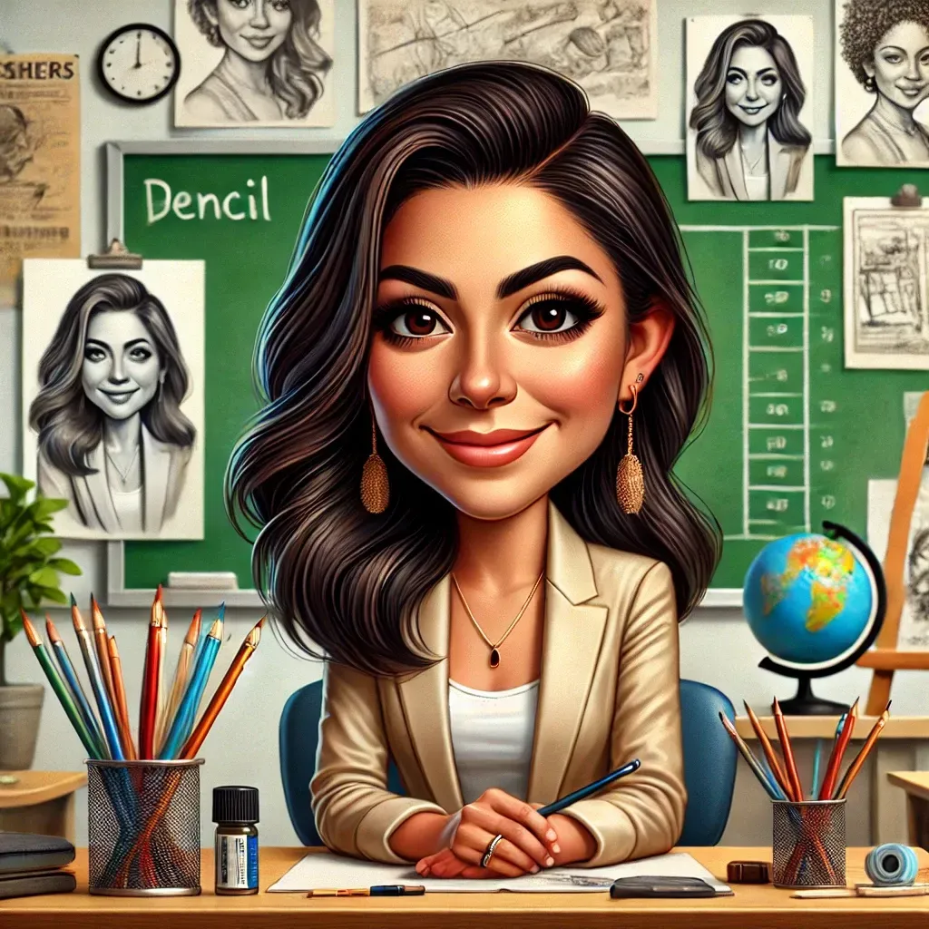 Caricatura de una mujer sentada en un escritorio de un aula. Sonriente, con cabello castaño, frente a una pizarra verde.