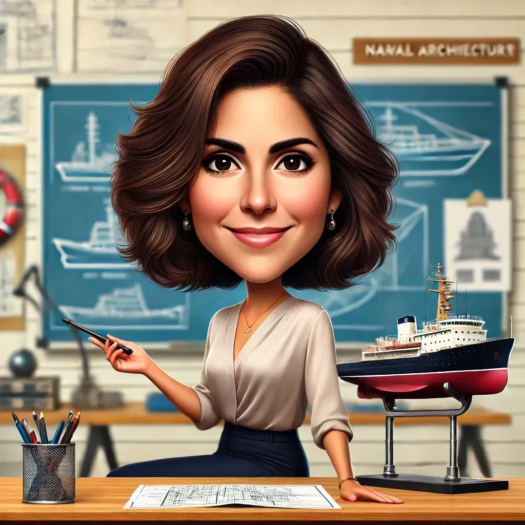 Una caricatura de una mujer sentada en un escritorio con un modelo de barco en el fondo.