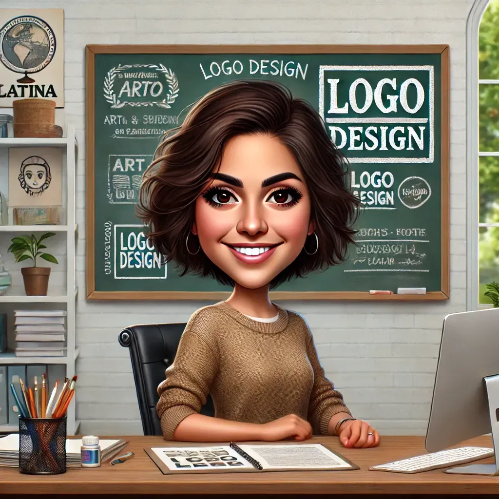 Una caricatura de una mujer sentada en un escritorio frente a una pizarra.