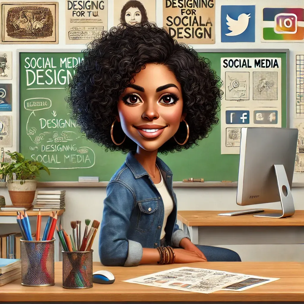 Una caricatura de una mujer está sentada en un escritorio