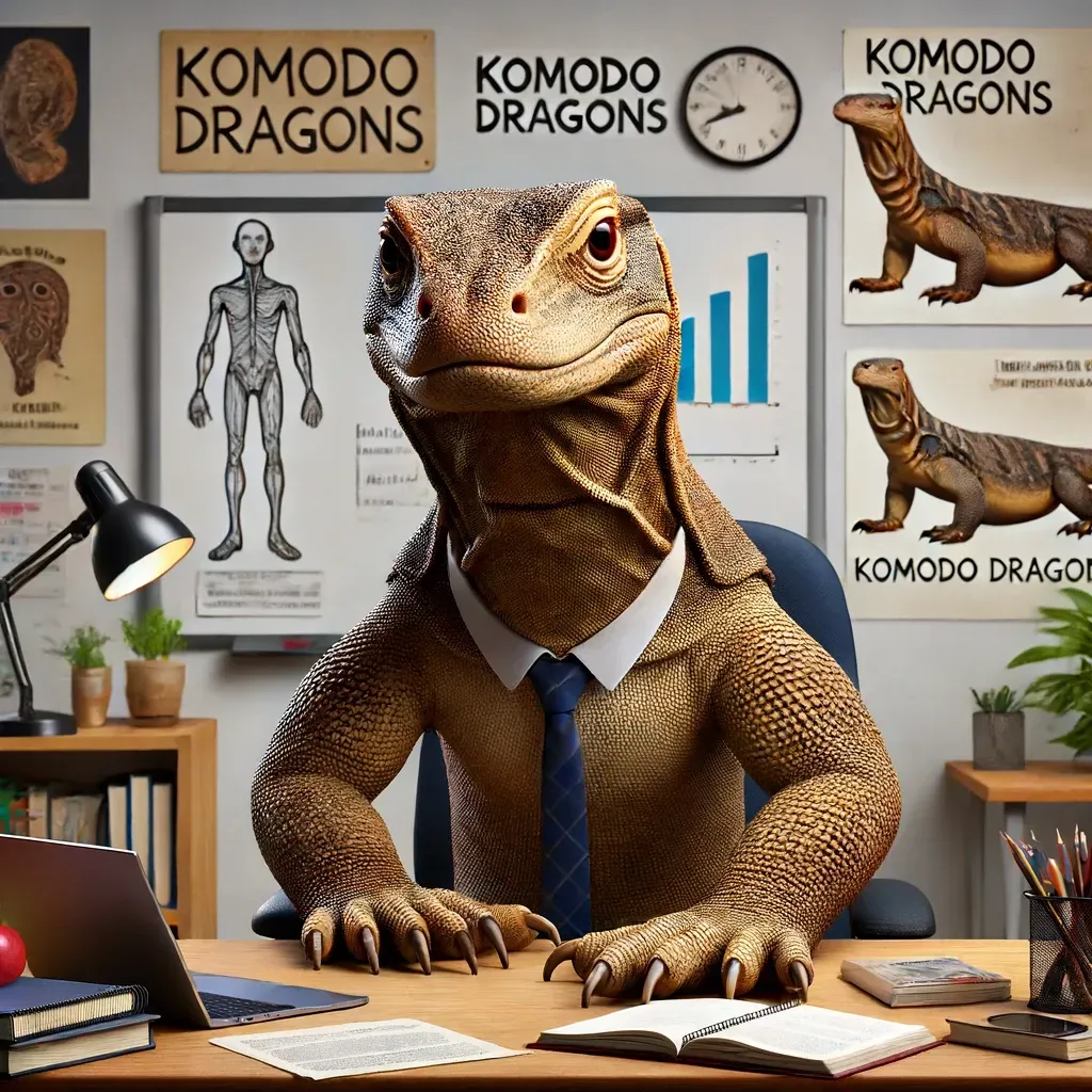 Un dragón de komodo con traje y corbata está sentado en un escritorio