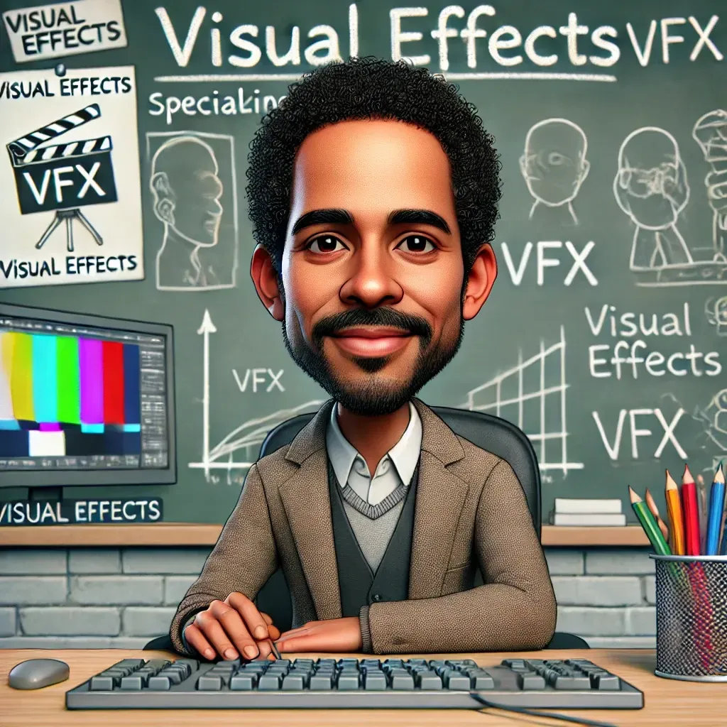 Una caricatura de un hombre sentado en un escritorio frente a una pizarra que dice efectos visuales vfx
