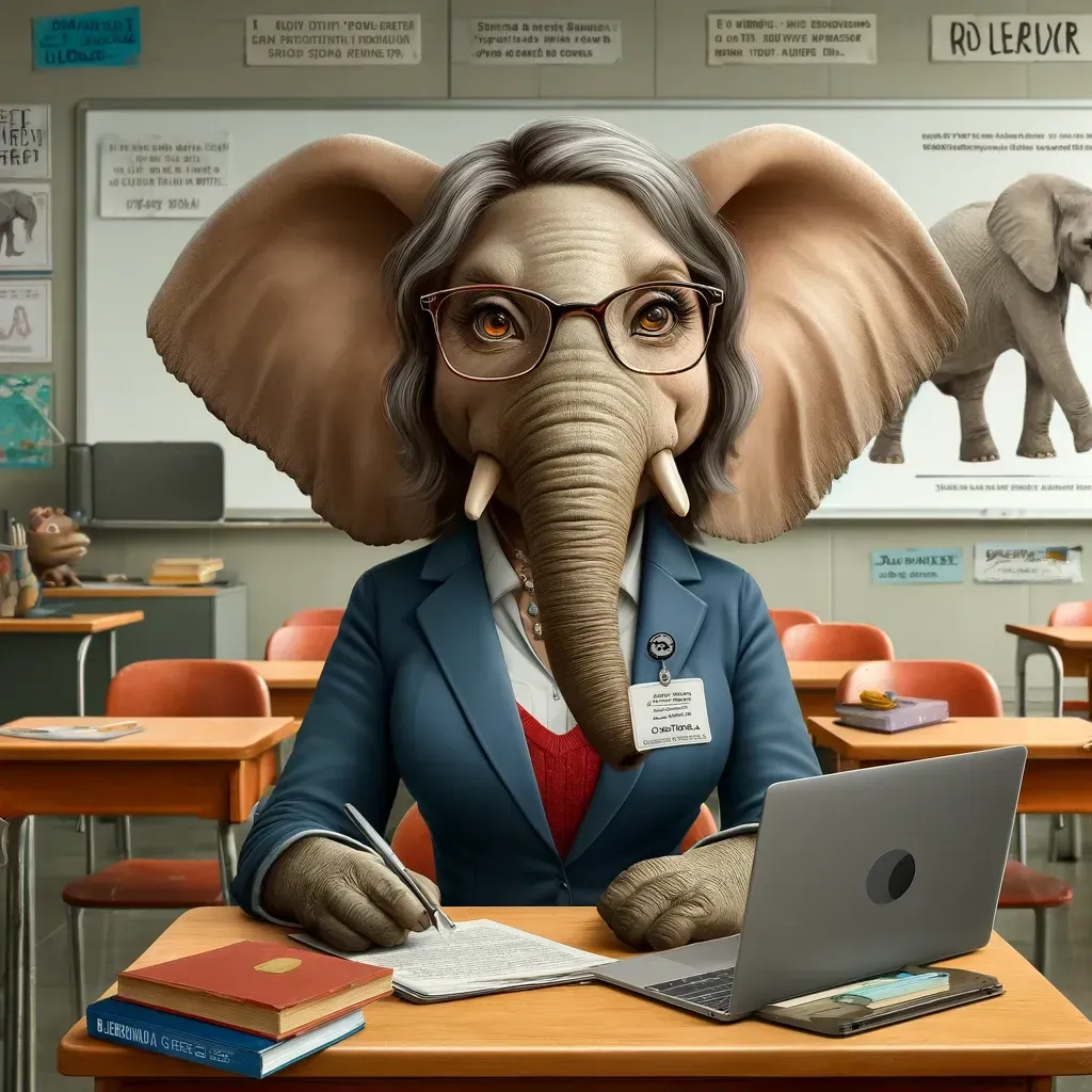 Una caricatura de una mujer sentada en un escritorio en un salón de clases.