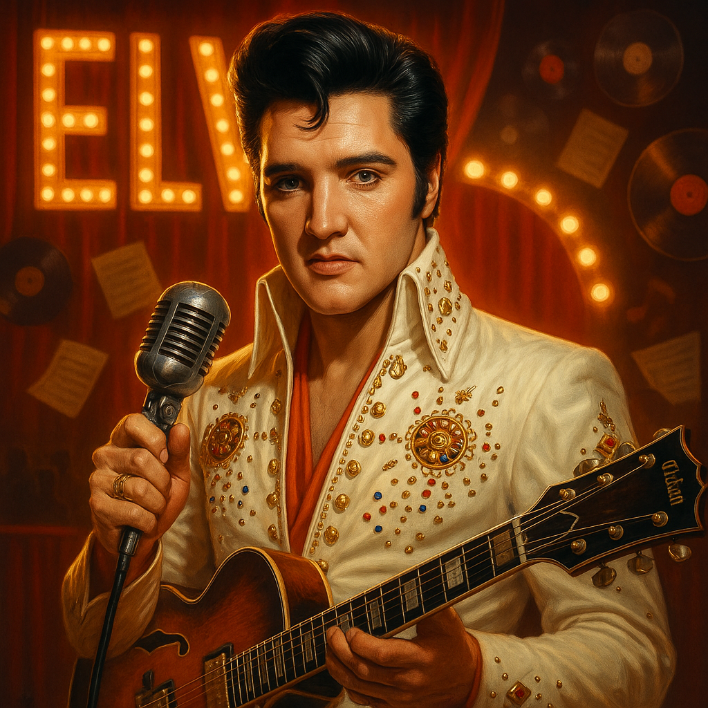 Elvis Presley sostiene una guitarra y canta frente a un micrófono.