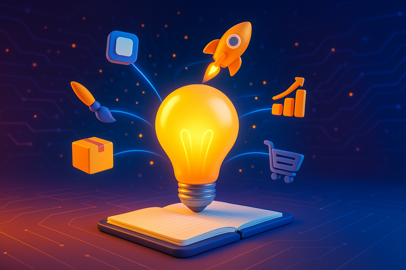 A light bulb is sitting on top of an open book surrounded by icons.