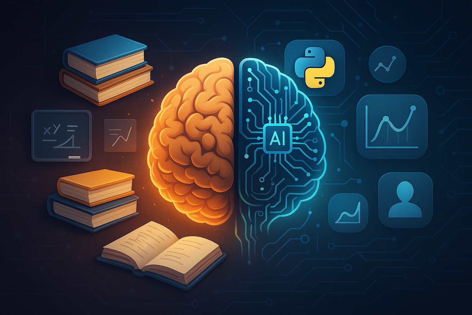 A cartoon illustration of a brain divided into two halves.