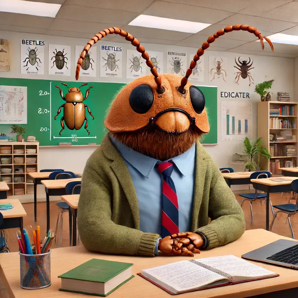 Un mosquito está sentado en un escritorio en un aula.