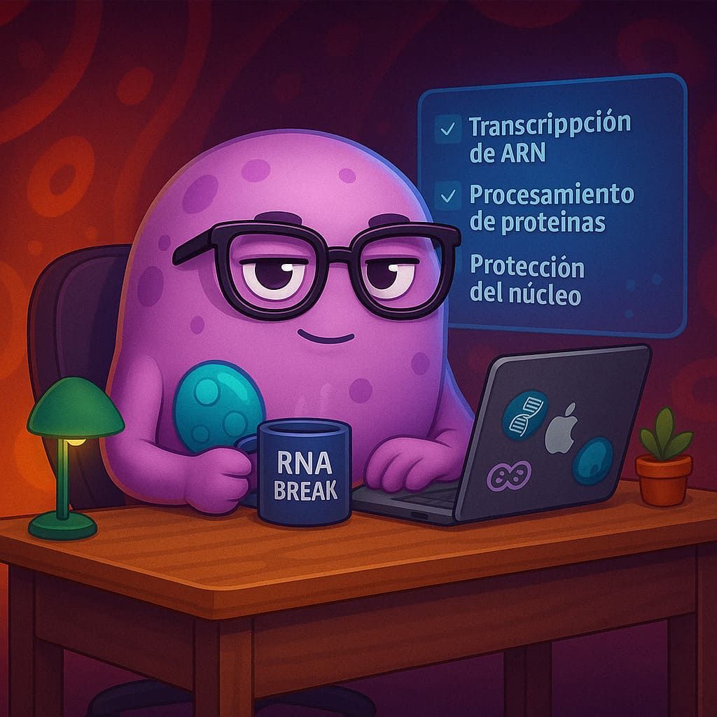 Un personaje de célula morada con gafas trabaja en una computadora portátil, una taza que dice 