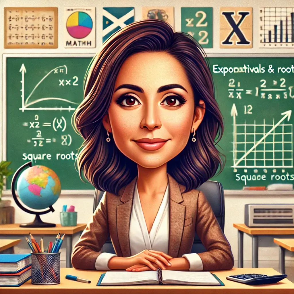 Una caricatura de una mujer sentada en un escritorio en un salón de clases