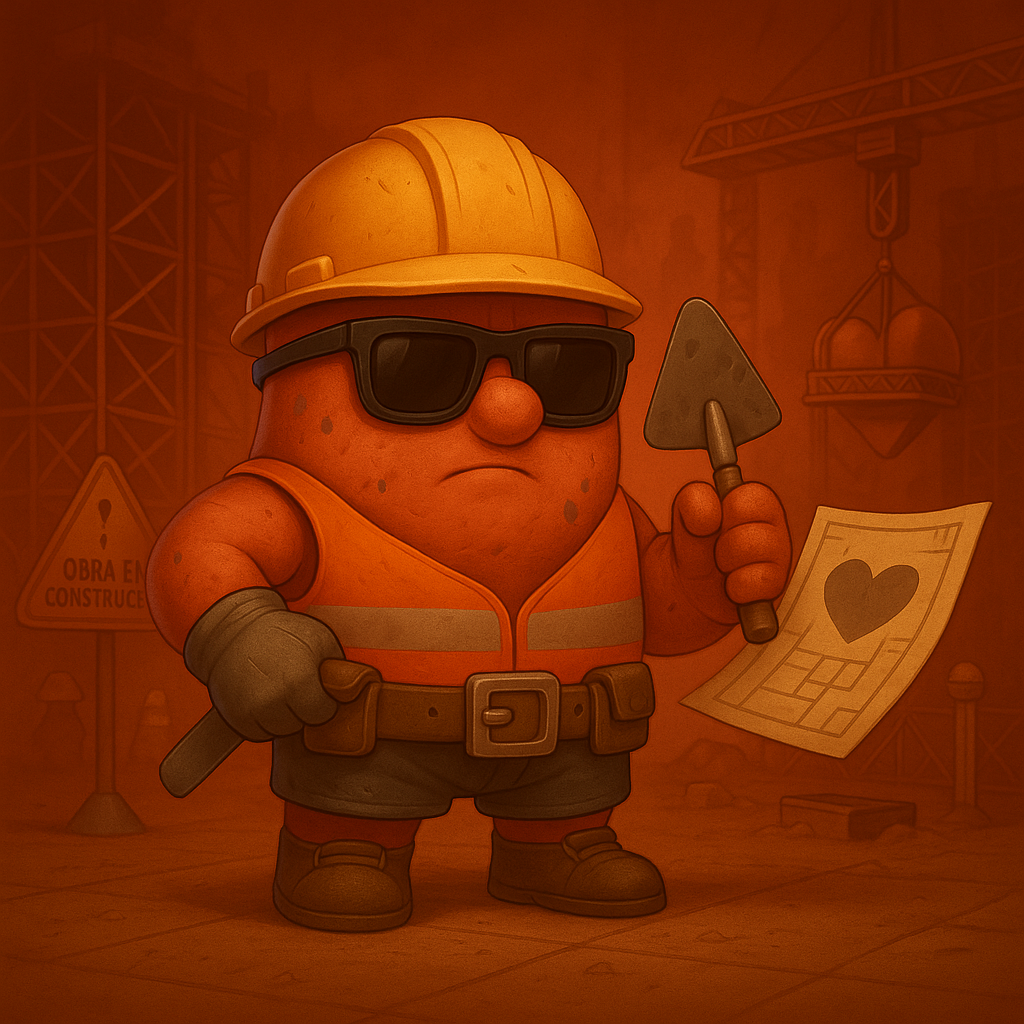 Un trabajador de la construcción de dibujos animados sostiene una paleta y un trozo de papel con un corazón.