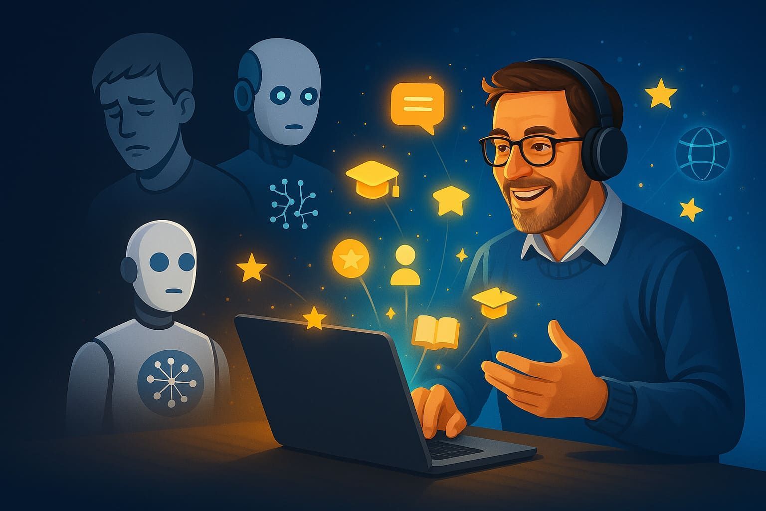 Una persona con auriculares está sentada frente a un ordenador portátil, interactuando con iconos brillantes mientras figuras digitales observan en segundo plano.