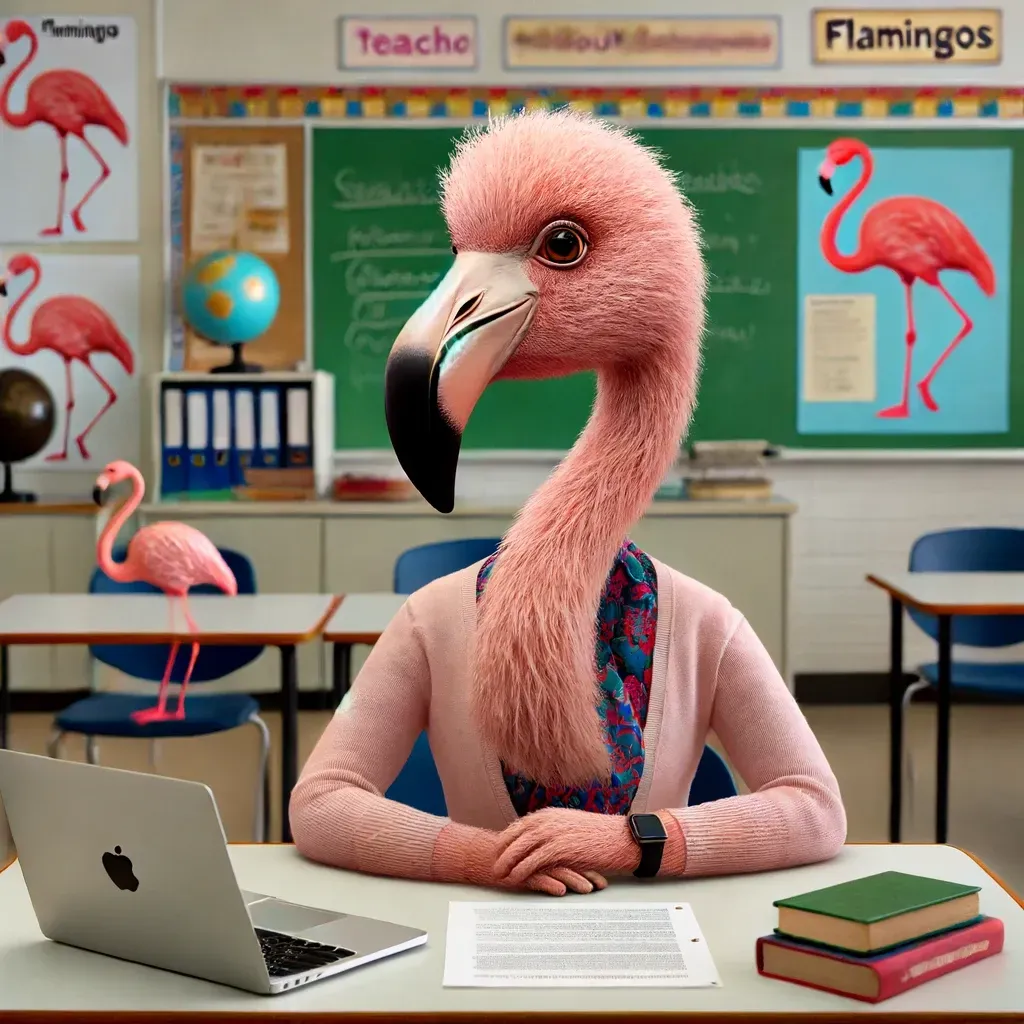 Un flamenco rosado está sentado en un escritorio en un salón de clases