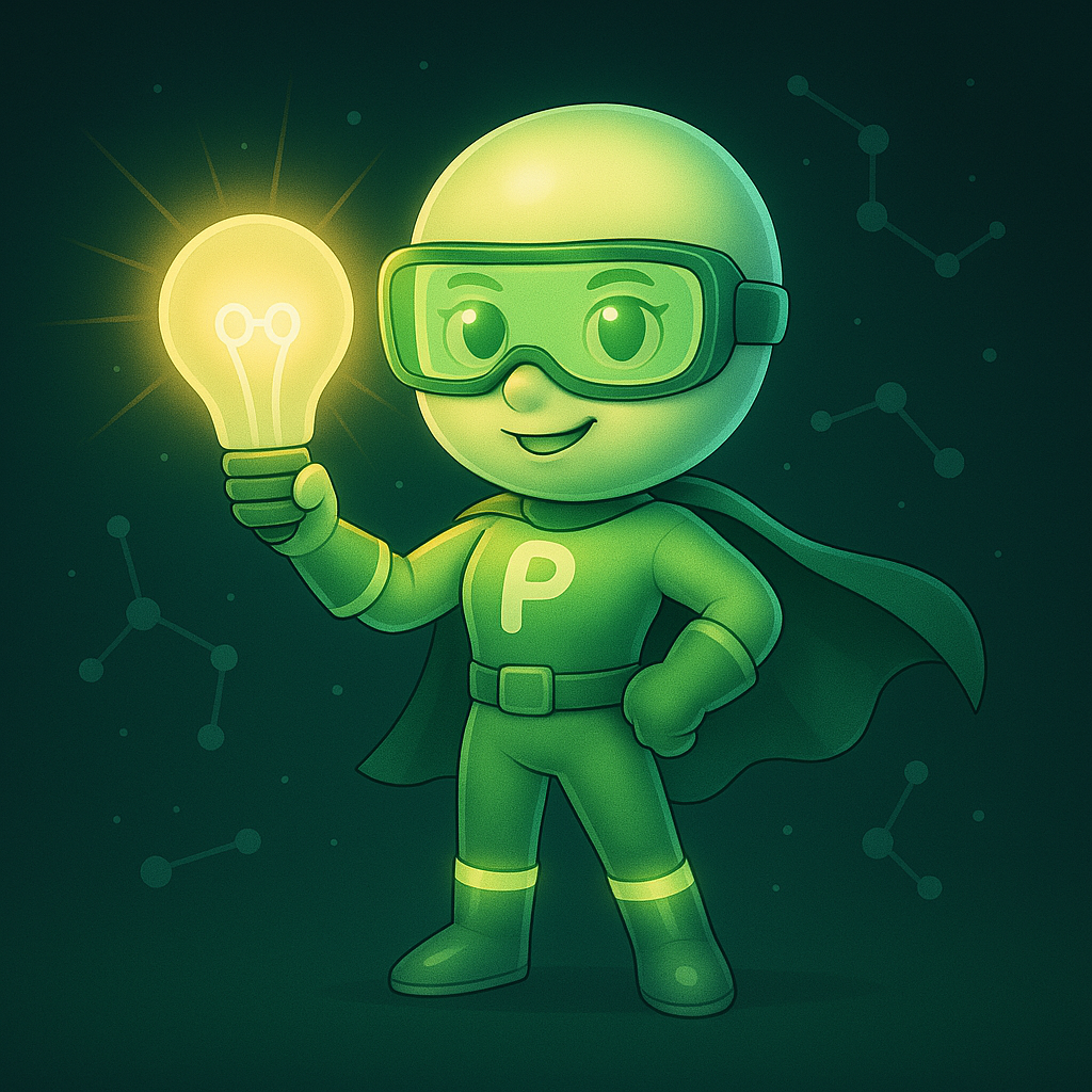 Un personaje de dibujos animados verde lleva una bata de laboratorio y sostiene una botella y una tableta.