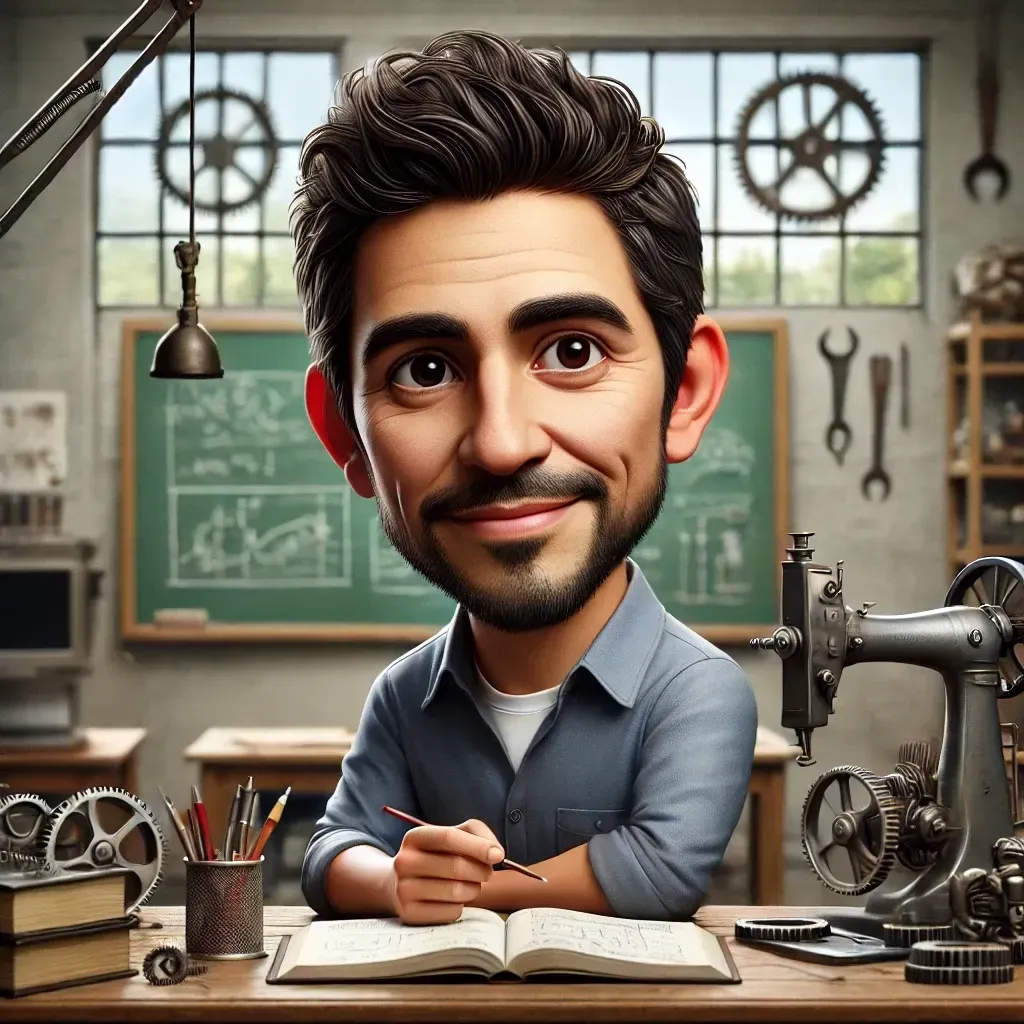 Un hombre con barba está sentado en un escritorio con un libro y una máquina de coser.