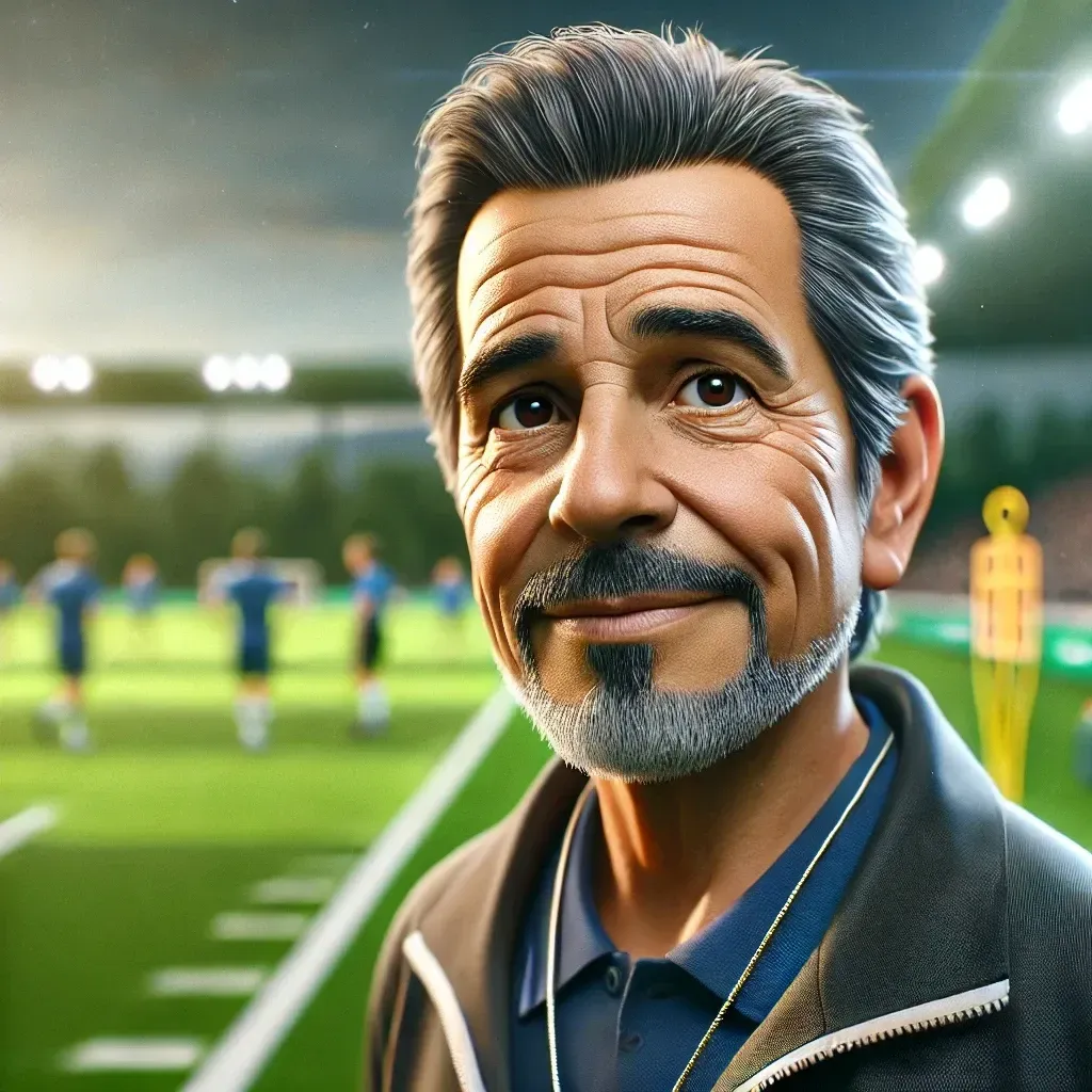 Un hombre con barba está parado en un campo de fútbol.